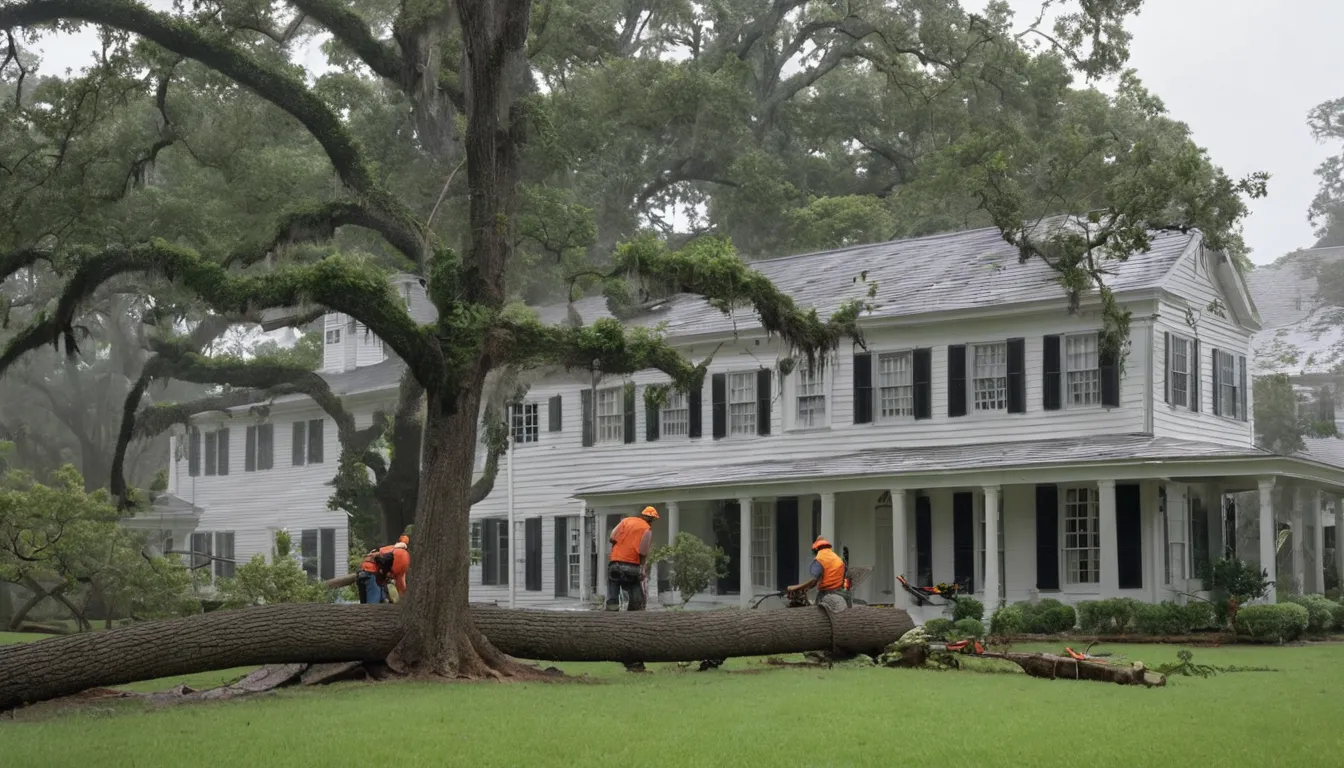 A tree service crew safely clearing a fallen tree from a home in Baltimore after a storm